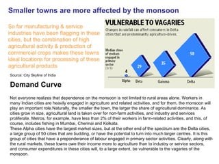 Smaller towns are more affected by the monsoon

So far manufacturing & service
industries have been flagging in these
cities, but the combination of high
agricultural activity & production of
commercial crops makes these towns
ideal locations for processing of these
agricultural products
Source: City Skyline of India

Demand Curve
Not everyone realizes that dependence on the monsoon is not limited to rural areas alone. Workers in
many Indian cities are heavily engaged in agriculture and related activities, and for them, the monsoon will
play an important role.Naturally, the smaller the town, the larger the share of agricultural dominance. As
cities grow in size, agricultural land is taken over for non-farm activities, and industry and services
proliferate. Metros, for example, have less than 2% of their workers in farm-related activities, and this, of
course, includes fishing in Mumbai, Chennai and Kolkata.
These Alpha cities have the largest market sizes, but at the other end of the spectrum are the Delta cities,
a large group of 50 cities that are budding, or have the potential to turn into much larger centres. It is this
group of cities that have a preponderance of labour engaged in primary sector activities. Clearly, along with
the rural markets, these towns owe their income more to agriculture than to industry or service sectors,
and consumer expenditures in these cities will, to a large extent, be vulnerable to the vagaries of the
monsoon.
 