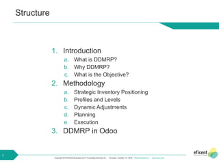 Copyright 2018 Eficent Business and IT Consulting Services S.L. - Brussels, October 3-5, 2018 - #OdooExperience - www.odoo.com
Structure
2
1. Introduction
a. What is DDMRP?
b. Why DDMRP?
c. What is the Objective?
2. Methodology
a. Strategic Inventory Positioning
b. Profiles and Levels
c. Dynamic Adjustments
d. Planning
e. Execution
3. DDMRP in Odoo
 