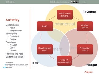 Albion
Summary
Departments
• Focus
• Responsibility
Information
• Document
• Review
Questions
• Should?
• Can?
• Could?
Process and veto
Bottom line result
Ward Hills
ward@albion-innovations.com
wardhills
21/04/2013 © 2013 Albion Innovations 11
Commercial
ProductDevelopment
Revenue
Margin
ROI
What is the
demand?
At what
price?
Production
cost?
Support
requirements?
Development
cost?
Risk?
 