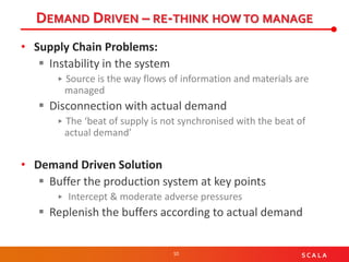 10 S C A L A
DEMAND DRIVEN – RE-THINK HOW TO MANAGE
• Supply Chain Problems:
▪ Instability in the system
Source is the way flows of information and materials are
managed
▪ Disconnection with actual demand
The ‘beat of supply is not synchronised with the beat of
actual demand’
• Demand Driven Solution
▪ Buffer the production system at key points
Intercept & moderate adverse pressures
▪ Replenish the buffers according to actual demand
 