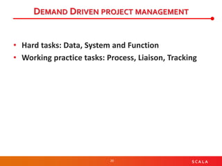 20 S C A L A
DEMAND DRIVEN PROJECT MANAGEMENT
• Hard tasks: Data, System and Function
• Working practice tasks: Process, Liaison, Tracking
 