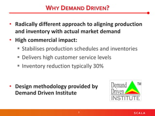 3 S C A L A
WHY DEMAND DRIVEN?
• Radically different approach to aligning production
and inventory with actual market demand
• High commercial impact:
▪ Stabilises production schedules and inventories
▪ Delivers high customer service levels
▪ Inventory reduction typically 30%
• Design methodology provided by
Demand Driven Institute
 