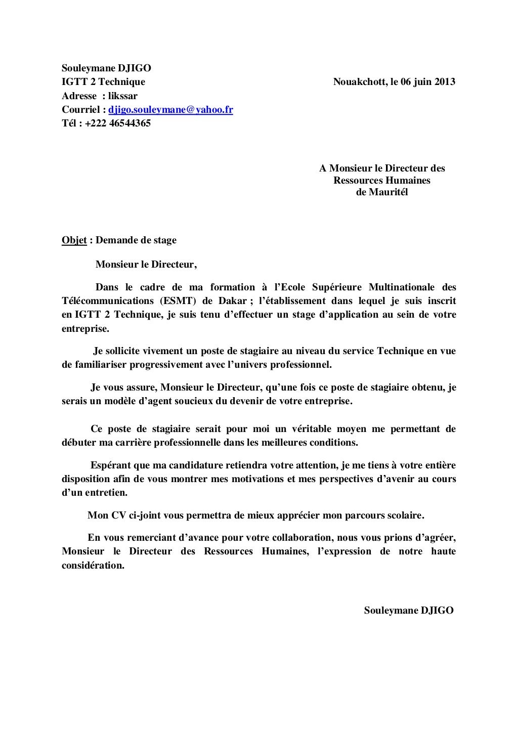 Demande de stage