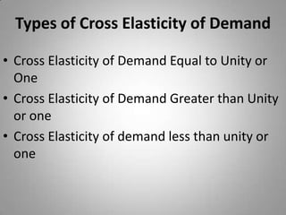 Types of Cross Elasticity of DemandCross Elasticity of Demand Equal to Unity or One Cross Elasticity of Demand Greater than Unity or oneCross Elasticity of demand less than unity or one