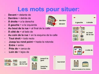 Les mots pour situer:   Devant  = delante de  Derrière  = detrás de  À droite  = a la derecha  À gauche  = a la izquierda  Au bout de la rue  = al final de la calle À côté de  = al lado de  Au coin de la rue  = en la esquina de la calle  Tout droit  = todo recto  Jusqu’au rond point  = hasta la rotonda Entre  = entre Près de  = cerca de  Loin de  = lejos de  