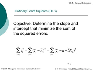 Ch 4 : Demand Estimation

Ordinary Least Squares (OLS)

Objective: Determine the slope and
intercept that minimize the sum of
the squared errors.
n

n

n

t =1

t =1

t =1

ˆ
ˆ ˆ
et2 = ∑ (Yt − Yt ) 2 = ∑ (Yt − a − bX t ) 2
∑
23
© 2004, Managerial Economics, Dominick Salvatore

© 2010/11, Sami Fethi, EMU, All Right Reserved.

 