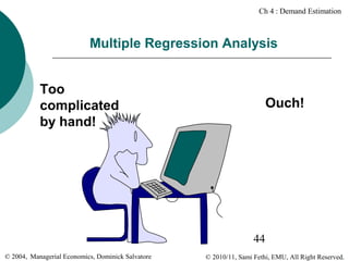 Ch 4 : Demand Estimation

Multiple Regression Analysis
Too
complicated
by hand!

Ouch!

44
© 2004, Managerial Economics, Dominick Salvatore

© 2010/11, Sami Fethi, EMU, All Right Reserved.

 