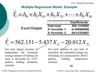 Ch 4 : Demand Estimation

Multiple Regression Model: Example

ˆ
Yi = b0 + b1 X 1i + b2 X 2i + L + bk X ki
Excel Output

Intercept
X Variable 1
X Variable 2

Coefficients
562.1510092
-5.436580588
-20.01232067

ˆ
Yi = 562.151 − 5.437 X 1i − 20.012 X 2i
For each degree increase in
temperature, the estimated
average amount of heating oil
used is decreased by 5.437
gallons, holding insulation
constant.
© 2004, Managerial Economics, Dominick Salvatore

For each increase in one inch of
insulation, the estimated average use
of heating oil is decreased by 20.012
gallons,
holding
temperature
constant.

46
© 2010/11, Sami Fethi, EMU, All Right Reserved.

 