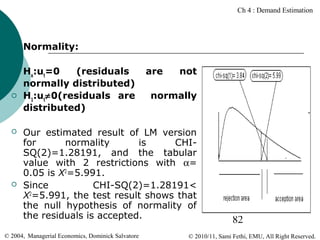 Ch 4 : Demand Estimation











Normality:
Ho:ut=0
(residuals
normally distributed)
H1:ut≠0(residuals are
distributed)

are

not

normally

Our estimated result of LM version
for
normality
is
CHISQ(2)=1.28191, and the tabular
value with 2 restrictions with α=
0.05 is X2=5.991.
Since
CHI-SQ(2)=1.28191<
X2=5.991, the test result shows that
the null hypothesis of normality of
the residuals is accepted.

© 2004, Managerial Economics, Dominick Salvatore

82

© 2010/11, Sami Fethi, EMU, All Right Reserved.

 