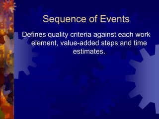 Sequence of Events
Defines quality criteria against each work
element, value-added steps and time
estimates.
 