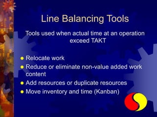 Line Balancing Tools
Tools used when actual time at an operation
exceed TAKT
 Relocate work
 Reduce or eliminate non-value added work
content
 Add resources or duplicate resources
 Move inventory and time (Kanban)
 