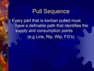 Pull Sequence
Every part that is kanban pulled must
have a definable path that identifies the
supply and consumption points
(e.g Line, Rip, Wip, FG’s)
 