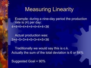 Measuring Linearity
Example: during a nine-day period the production
rate is (4) per day:
4+4+4+4+4+4+4+4+4=36
Actual production was:
3+4+5+3+4+5+3+4+5=36
Traditionally we would say this is o.k.
Actually the sum of the total deviation is 6 or 84%
Suggested Goal = 90%
 