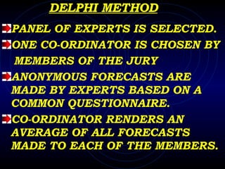 DELPHI METHOD PANEL OF EXPERTS IS SELECTED. ONE CO-ORDINATOR IS CHOSEN BY MEMBERS OF THE JURY ANONYMOUS FORECASTS ARE MADE BY EXPERTS BASED ON A COMMON QUESTIONNAIRE. CO-ORDINATOR RENDERS AN AVERAGE OF ALL FORECASTS MADE TO EACH OF THE MEMBERS.  