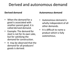Derived and autonomous demand
Derived demand                     Autonomous demand

• When the demand for a            • Autonomous demand is
  good is associated with            wholly independent of all
  another parent good, it is         other demands.
  called derived demand.
                                   • It is difficult to name a
• Example: The demand for
  steel is not for its own sake,     product which is fully
  but for satisfying the             autonomous.
  demand for construction.
• It may be observed that the
  demand for all producers’
  goods is derived.
 