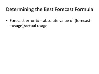 Determining the Best Forecast Formula
• Forecast error % = absolute value of (forecast
–usage)/actual usage
 