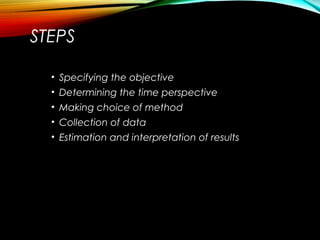STEPS
• Specifying the objective
• Determining the time perspective
• Making choice of method
• Collection of data
• Estimation and interpretation of results
 