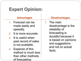 Expert Opinion:
Advantages Disadvantages
1. Forecast can be
made easily and
speedily.
2. It is more accurate.
3. It is useful when
past record of sales
is not available.
4. Expense of this
method is much less
than other methods
of forecasting
1. The main
disadvantage is the
reliability of
forecasting is
doubtful because it
is based on opinions
and suggestions
and not on actual
facts.
 