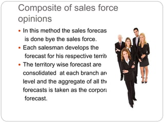Composite of sales force
opinions
 In this method the sales forecasting
is done bye the sales force.
 Each salesman develops the
forecast for his respective territory.
 The territory wise forecast are
consolidated at each branch area
level and the aggregate of all these
forecasts is taken as the corporate
forecast.
 