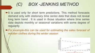 (C) BOX -JENKINS METHOD
It is used only for short term predictions. This method forecasts
demand only with stationary time series data that does not reveal
long term trend . It is used in those situation where time series
data depicts monthly or seasonal variations with some degree of
regularity
For example-this can be used for estimating the sales forecast of
woollen clothes during the winter season
 