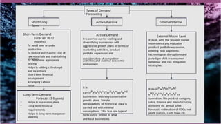 Types of Demand
Forecasting
Short/Long
Term
Active/Passive External/Internal
●
Short-Term Demand
Forecast (6-12
months)
●
To avoid over or under
production
To reduce purchasing cost of
raw materials and maintaining
inventory
●
●
●
To determine appropriate
pricing
Helps in setting sales target
and incentives
●
Short term financial
arrangement
Arranging Labour
force
Long-Term Demand
Forecast (3-5 years)
●
Helps in expansion plans
●
Long term financial
requirements
● Helps in long-term manpower
planning
Active Demand
It is carried out for scaling and
diversifying businesses with
aggressive growth plans in terms of
marketing activities, product
portfolio expansion and
consideration of competitor
activities and external economic
environment.
It is
carriePdaosustivfeorDsetmabalend
businesses with very conservative
growth plans. Simple
extrapolations of historical data is
carried out with minimal
assumptions. This is a rare type of
forecasting limited to small
and local businesses.
External Macro Level
It deals with the broader market
movements and evaluates
product portfolio expansion,
entering new segments,
technological disruptions and
paradigm shift in consumer
behaviour and risk mitigation
strategies.
It dealsInwtiethrninatl
eMrincarlobLuesvineel ss
operations like product category,
sales, finance and manufacturing
divisions viz. annual sales
forecast, estimation of COGs, net
profit margin, cash flows etc.
 