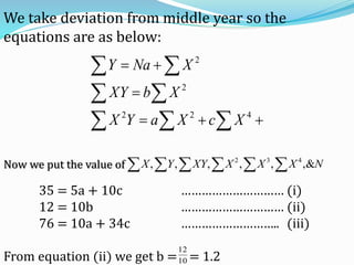   
 
 



422
2
2
XcXaYX
XbXY
XNaY
Now we put the value of
35 = 5a + 10c ………………………… (i)
12 = 10b ………………………… (ii)
76 = 10a + 34c ……………………….. (iii)
From equation (ii) we get b = = 1.2
    NXXXXYYX ,&,,,,, 432
10
12
We take deviation from middle year so the
equations are as below:
 