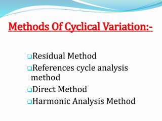 Methods Of Cyclical Variation:-
Residual Method
References cycle analysis
method
Direct Method
Harmonic Analysis Method
 