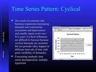 MGMT6020Forecast
Time Series Pattern: Cyclical
 The result of economic andThe result of economic and
business expansions (increasingbusiness expansions (increasing
demand) and contractionsdemand) and contractions
(recessions and depressions)(recessions and depressions)
and usually repeat every two-and usually repeat every two-
five years. Cyclical influencesfive years. Cyclical influences
are difficult to forecast becauseare difficult to forecast because
cyclical demands are recurrentcyclical demands are recurrent
but not periodic (they happen inbut not periodic (they happen in
different intervals of time withdifferent intervals of time with
great variability of demands).great variability of demands).
 Forecasting methods: timeForecasting methods: time
series decomposition, multipleseries decomposition, multiple
regressionregression
 