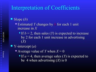 MGMT6020Forecast
 Slope (Slope (bb))
 EstimatedEstimated YY changes bychanges by bb for each 1 unitfor each 1 unit
increase inincrease in XX
IfIf bb = 2, then sales (= 2, then sales (YY) is expected to increase) is expected to increase
by 2 for each 1 unit increase in advertisingby 2 for each 1 unit increase in advertising
((XX))
 Y-intercept (Y-intercept (aa))
 Average value ofAverage value of YY whenwhen XX = 0= 0
IfIf aa = 4, then average sales (= 4, then average sales (YY) is expected to) is expected to
be 4 when advertising (be 4 when advertising (XX) is 0) is 0
Interpretation of Coefficients
 