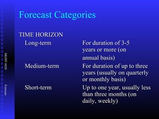 MGMT6020Forecast
Forecast Categories
TIME HORIZONTIME HORIZON
Long-termLong-term For duration of 3-5For duration of 3-5
years or more (onyears or more (on
annual basis)annual basis)
Medium-termMedium-term For duration of up to threeFor duration of up to three
years (usually on quarterlyyears (usually on quarterly
or monthly basis)or monthly basis)
Short-termShort-term Up to one year, usually lessUp to one year, usually less
than three months (onthan three months (on
daily, weekly)daily, weekly)
 