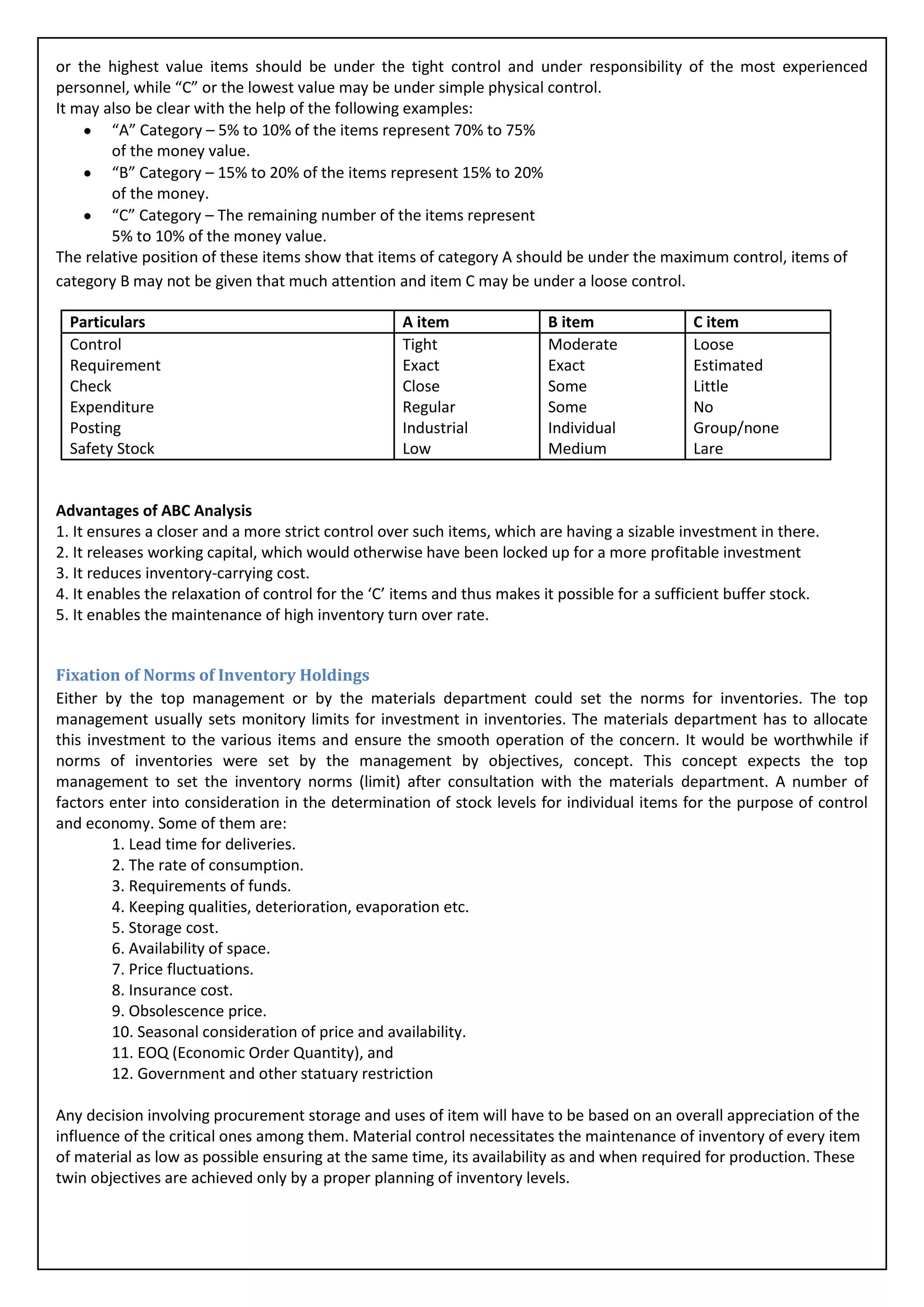 or the highest value items should be under the tight control and under responsibility of the most experienced
personnel, while “C” or the lowest value may be under simple physical control.
It may also be clear with the help of the following examples:
        “A” Category – 5% to 10% of the items represent 70% to 75%
        of the money value.
        “B” Category – 15% to 20% of the items represent 15% to 20%
        of the money.
        “C” Category – The remaining number of the items represent
        5% to 10% of the money value.
The relative position of these items show that items of category A should be under the maximum control, items of
category B may not be given that much attention and item C may be under a loose control.

  Particulars                                       A item                B item               C item
  Control                                           Tight                 Moderate             Loose
  Requirement                                       Exact                 Exact                Estimated
  Check                                             Close                 Some                 Little
  Expenditure                                       Regular               Some                 No
  Posting                                           Industrial            Individual           Group/none
  Safety Stock                                      Low                   Medium               Lare


Advantages of ABC Analysis
1. It ensures a closer and a more strict control over such items, which are having a sizable investment in there.
2. It releases working capital, which would otherwise have been locked up for a more profitable investment
3. It reduces inventory-carrying cost.
4. It enables the relaxation of control for the ‘C’ items and thus makes it possible for a sufficient buffer stock.
5. It enables the maintenance of high inventory turn over rate.


Fixation of Norms of Inventory Holdings
Either by the top management or by the materials department could set the norms for inventories. The top
management usually sets monitory limits for investment in inventories. The materials department has to allocate
this investment to the various items and ensure the smooth operation of the concern. It would be worthwhile if
norms of inventories were set by the management by objectives, concept. This concept expects the top
management to set the inventory norms (limit) after consultation with the materials department. A number of
factors enter into consideration in the determination of stock levels for individual items for the purpose of control
and economy. Some of them are:
        1. Lead time for deliveries.
        2. The rate of consumption.
        3. Requirements of funds.
        4. Keeping qualities, deterioration, evaporation etc.
        5. Storage cost.
        6. Availability of space.
        7. Price fluctuations.
        8. Insurance cost.
        9. Obsolescence price.
        10. Seasonal consideration of price and availability.
        11. EOQ (Economic Order Quantity), and
        12. Government and other statuary restriction

Any decision involving procurement storage and uses of item will have to be based on an overall appreciation of the
influence of the critical ones among them. Material control necessitates the maintenance of inventory of every item
of material as low as possible ensuring at the same time, its availability as and when required for production. These
twin objectives are achieved only by a proper planning of inventory levels.
 