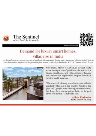 Demand for luxury smart homes, villas rise in india