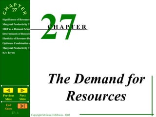 Significance of Resource Pricing




Determinants of Resource Demand
Elasticity of Resource Demand
Optimum Combination of Resources
                                   27
Marginal Productivity Theory of Resource Demand
MRP as a Demand Schedule              CHAPTER


Marginal Productivity Theory of Income Distribution
Key Terms




                                      The Demand for
Previous
 Slide
   End
                Next
                Slide                   Resources
  Show
       27 - 1
                         Copyright McGraw-Hill/Irwin, 2002
 