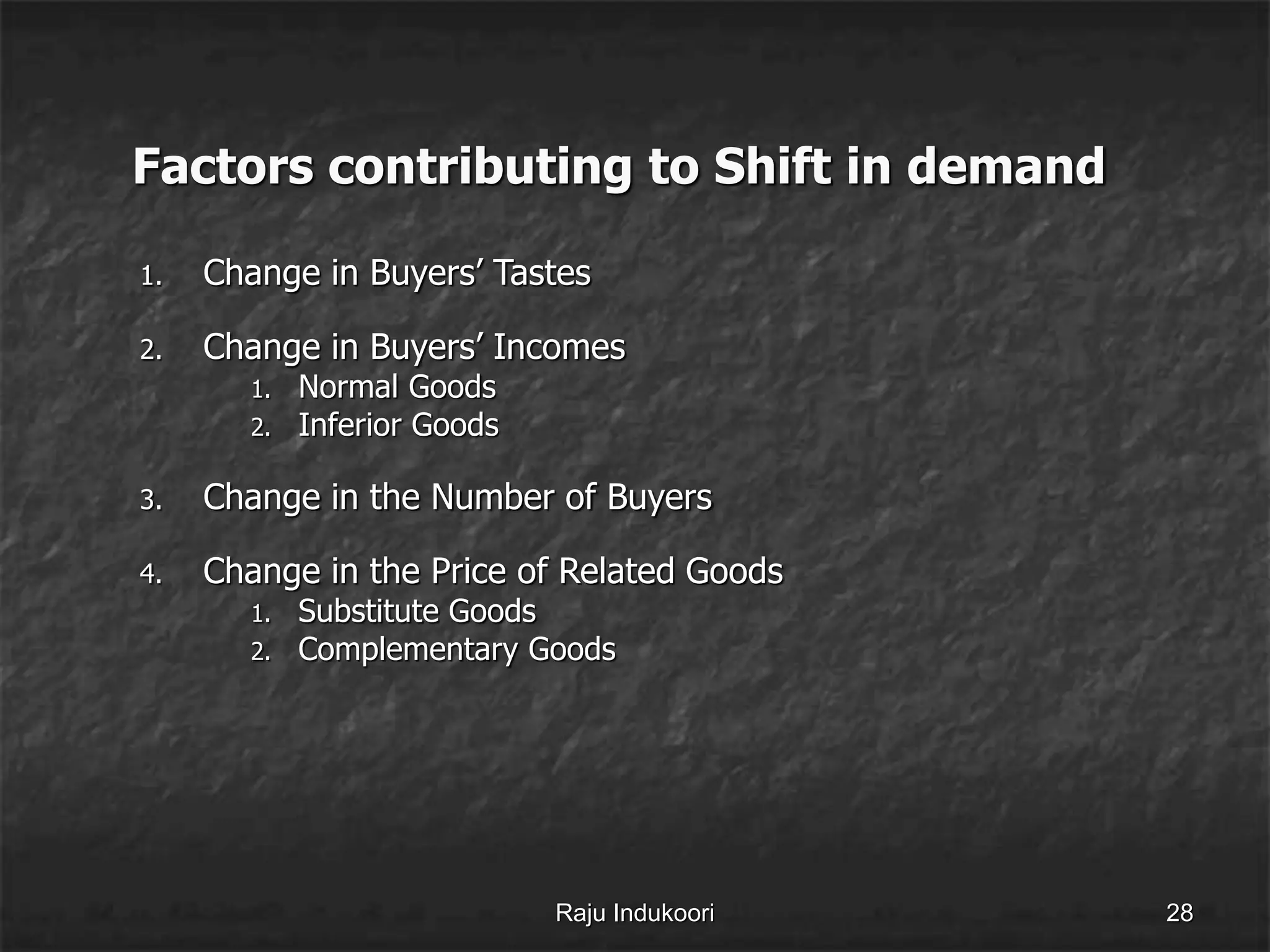 Factors contributing to Shift in demand
1. Change in Buyers’ Tastes
2. Change in Buyers’ Incomes
1. Normal Goods
2. Inferior Goods
3. Change in the Number of Buyers
4. Change in the Price of Related Goods
1. Substitute Goods
2. Complementary Goods
Raju Indukoori 28
 