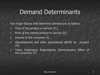 Demand Determinants
Five major factors that determine demand are as follows.
1. Price of the product or service (Px).
2. Price of the related product or service (Py).
3. Income of the consumer (I).
4. Advertisement and other promotional efforts for product
(A).
5. Taste, Preference, Expectations, Demonstration Effect of
the consumer (T).
Raju Indukoori 5
 