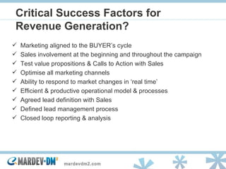 Critical Success Factors for  Revenue Generation? Marketing aligned to the BUYER’s cycle Sales involvement at the beginning and throughout the campaign Test value propositions & Calls to Action with Sales Optimise all marketing channels Ability to respond to market changes in ‘real time’ Efficient & productive operational model & processes Agreed lead definition with Sales Defined lead management process Closed loop reporting & analysis 