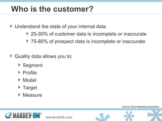 Who is the customer? Understand the state of your internal data 25-30% of customer data is incomplete or inaccurate 75-80% of prospect data is incomplete or inaccurate Quality data allows you to: Segment Profile Model Target Measure Source: Direct Marketing Association 