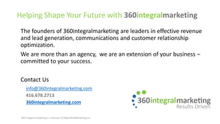 Helping Shape Your Future with 360integralmarketing
The founders of 360integralmarketing are leaders in effective revenue
and lead generation, communications and customer relationship
optimization.
We are more than an agency, we are an extension of your business ‒
committed to your success.
Contact Us
info@360integralmarketing.com
416.678.2713
360integralmarketing.com
© 2017 360integralmarketing, a division of Digital Text Marketing Inc.
All Rights Reserved.
 