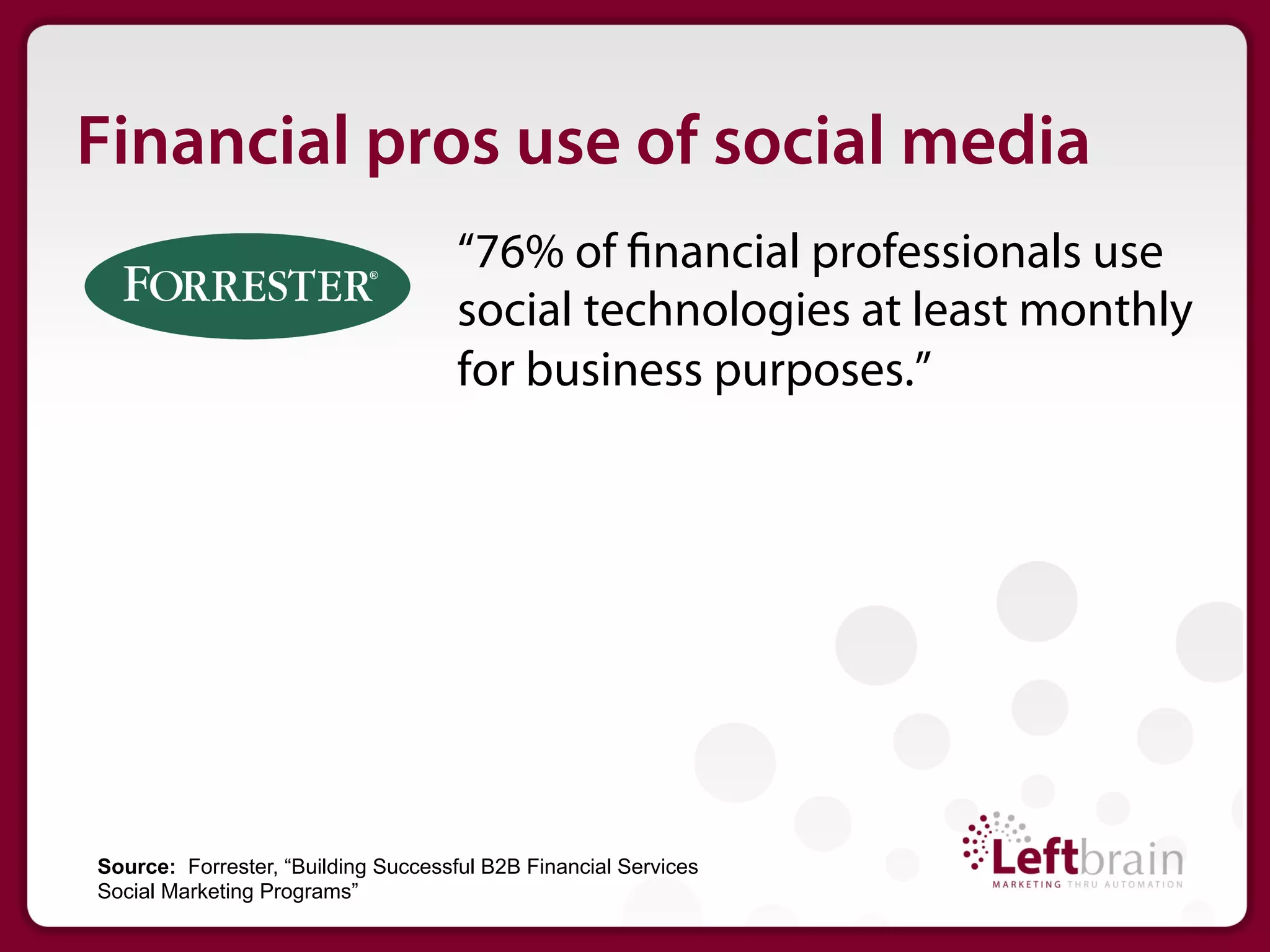 Financial pros use of social media
                                     “76% of nancial professionals use
                                     social technologies at least monthly
                                     for business purposes.”




Source: Forrester, “Building Successful B2B Financial Services
Social Marketing Programs”
 