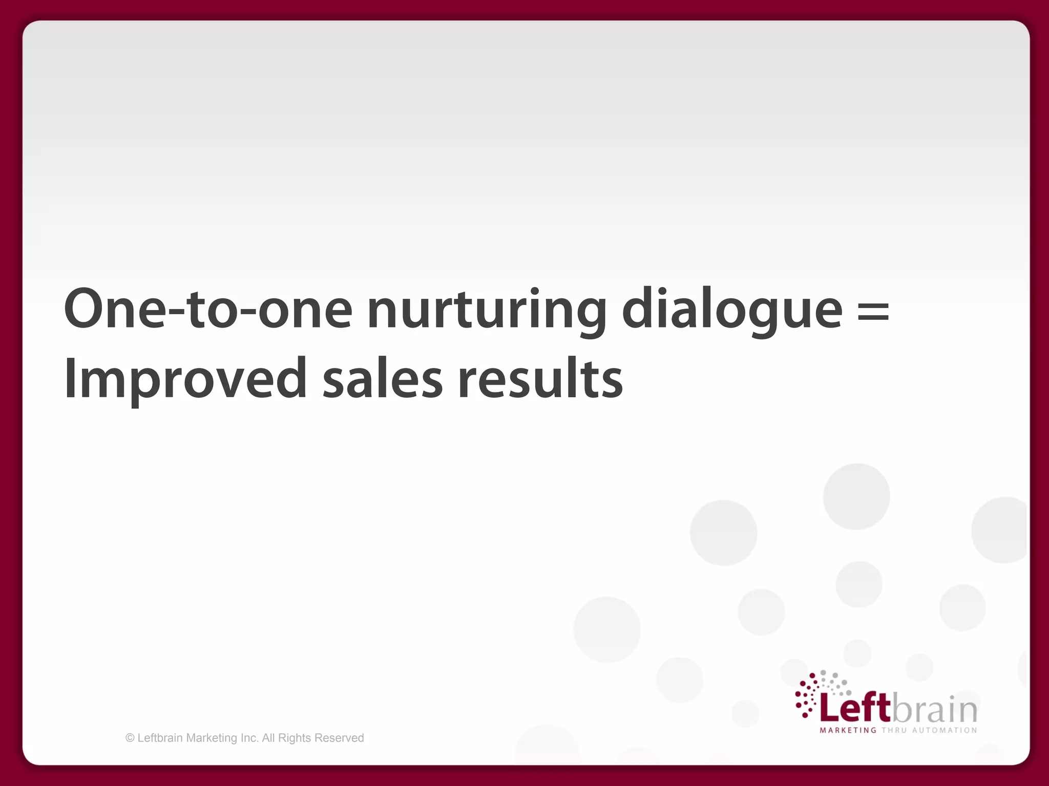 One-to-one nurturing dialogue =
Improved sales results




  © Leftbrain Marketing Inc. All Rights Reserved
 