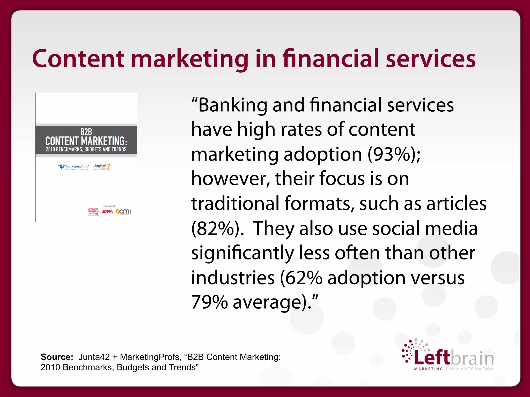 Content marketing in nancial services
                                   “Banking and nancial services
                                   have high rates of content
                                   marketing adoption (93%);
                                   however, their focus is on
                                   traditional formats, such as articles
                                   (82%). They also use social media
                                   signi cantly less often than other
                                   industries (62% adoption versus
                                   79% average).”

Source: Junta42 + MarketingProfs, “B2B Content Marketing:
2010 Benchmarks, Budgets and Trends”
 