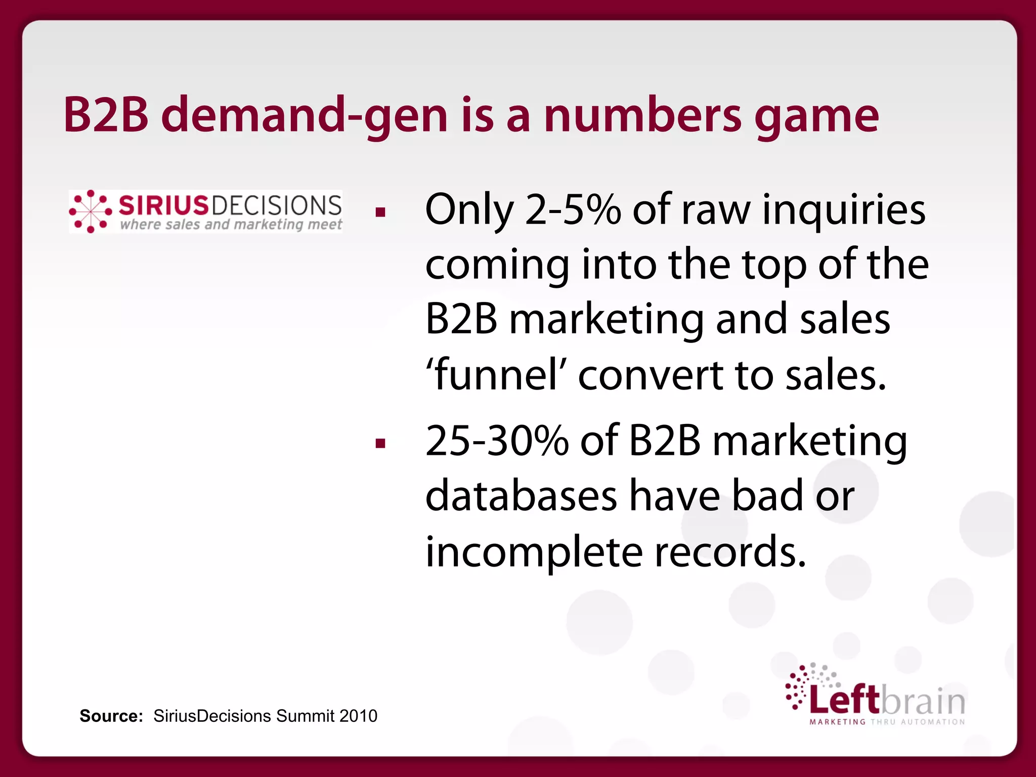 B2B demand-gen is a numbers game
                                  §    Only 2-5% of raw inquiries
                                        coming into the top of the
                                        B2B marketing and sales
                                        ‘funnel’ convert to sales.
                                  §    25-30% of B2B marketing
                                        databases have bad or
                                        incomplete records.


Source: SiriusDecisions Summit 2010
 