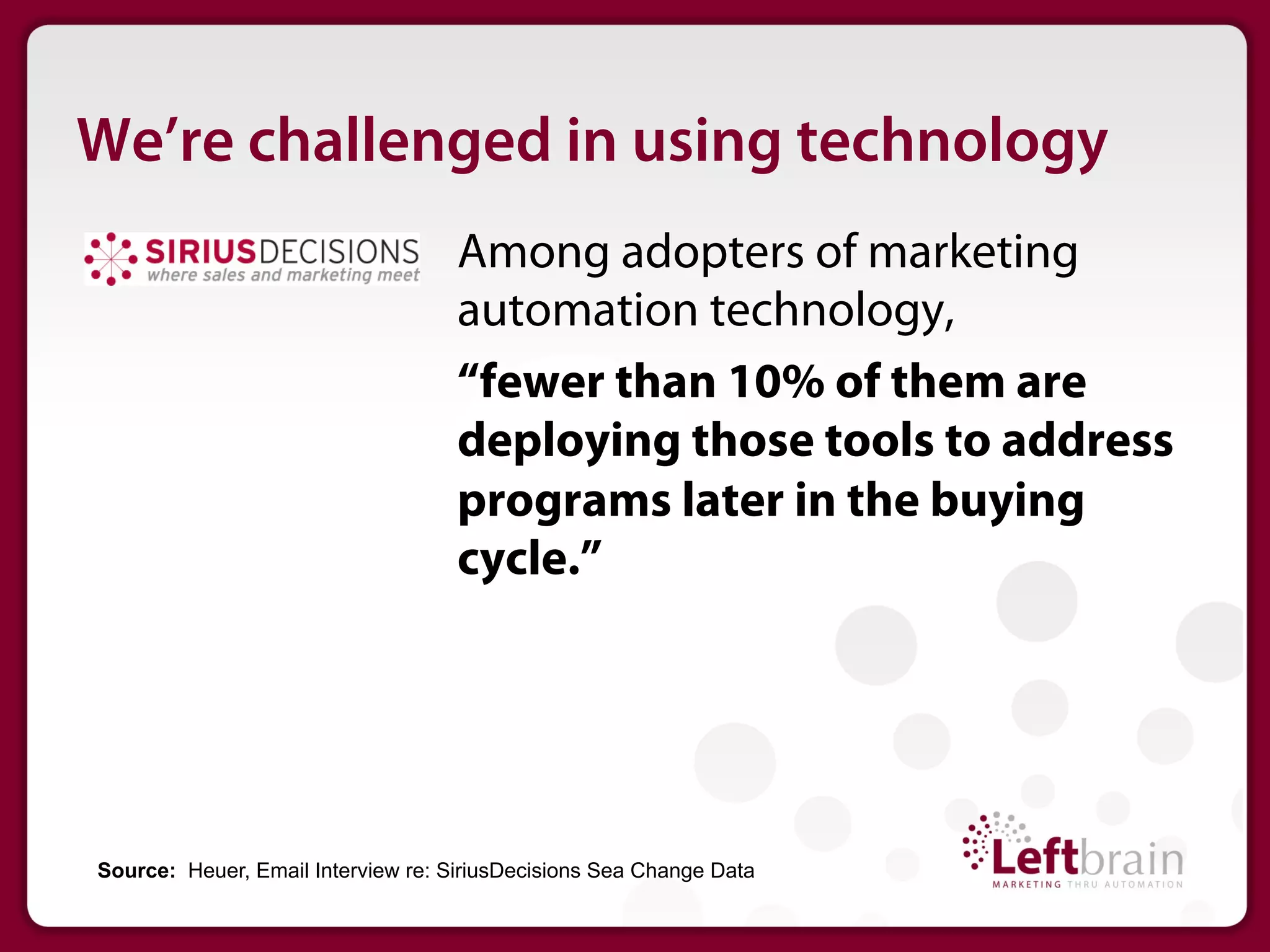 We’re challenged in using technology
                                    Among adopters of marketing
                                    automation technology,
                                    “fewer than 10% of them are
                                    deploying those tools to address
                                    programs later in the buying
                                    cycle.”




Source: Heuer, Email Interview re: SiriusDecisions Sea Change Data
 