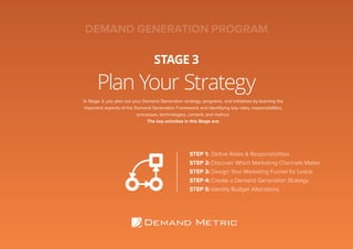 Plan Your Strategy
STAGE 3
STEP 1:	 Define Roles & Responsibilities
STEP 2:	Discover Which Marketing Channels Matter
STEP 3:	Design Your Marketing Funnel for Leads
STEP 4:	Create a Demand Generation Strategy
STEP 5:	Identify Budget Allocations
In Stage 3, you plan out your Demand Generation strategy, programs, and initiatives by learning the
important aspects of the Demand Generation Framework and identifying key roles, responsibilities,
processes, technologies, content, and metrics.
The key activities in this Stage are:
DEMAND GENERATION PROGRAM
 