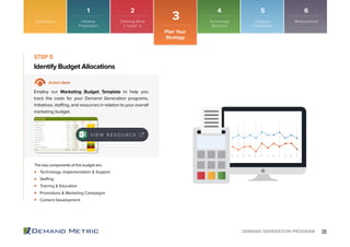 20DEMAND GENERATION PROGRAM
Technology, Implementation & Support
Staffing
Training & Education
Promotions & Marketing Campaigns
Content Development
Identify Budget Allocations
STEP 5
Action Item
Employ our Marketing Budget Template to help you
track the costs for your Demand Generation programs,
initiatives, staffing, and resources in relation to your overall
marketing budget.
The key components of this budget are:
V I E W R E S O U R C E
Introduction
Plan Your
Strategy
3
1 2 4 5 6
Initiative
Preparation
Technology
Selection
Organize
Distribution
MeasurementDefining What
a “Lead” Is
 