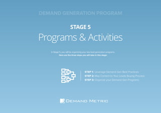 Programs & Activities
STAGE 5
STEP 1:	 Leverage Demand Gen Best Practices
STEP 2:	Map Content to Your Leads Buying Process
STEP 3:	Organize your Demand Gen Programs
In Stage 5, you will be organizing your key lead generation programs.
Here are the three steps you will take in this stage:
DEMAND GENERATION PROGRAM
 