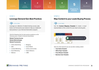 26DEMAND GENERATION PROGRAM
Introduction
Programs &
Activities
5
Online Advertising
SEO
Content Marketing
Event Marketing
Webinar
Case Study Template
White Paper Template
Press Release Template
Business Case Template
Blogging
Social Media
Online Communities
Public Relations
CRM
Leverage Demand Gen Best Practices Map Content to your Leads Buying Process
STEP 1 STEP 2
Action Item Action Item
Leverage our collection of related training courses, play-
books and frameworks (see below) to help you implement
best practices in your Demand Generation program.
Use the Content Mapping Template to create a visual
representation of the content for your lead nurturing plan.
Visit the following links for best practice guidance on the
following topics related to Demand Generation:
Related Training Courses
Related Methodologies
Related Frameworks
Here are a few resources you can use when creating content:
V I E W R E S O U R C E
1 2 3 4 6
Initiative
Preparation
Plan Your
Strategy
Technology
Selection
MeasurementDefining What
a “Lead” Is
 