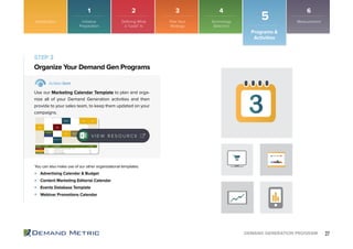 27DEMAND GENERATION PROGRAM
STEP 3
Advertising Calendar & Budget
Content Marketing Editorial Calendar
Events Database Template
Webinar Promotions Calendar
Organize Your Demand Gen Programs
Action Item
Use our Marketing Calendar Template to plan and orga-
nize all of your Demand Generation activities and then
provide to your sales team, to keep them updated on your
campaigns.
You can also make use of our other organizational templates:
V I E W R E S O U R C E
Introduction
Programs &
Activities
5
1 2 3 4 6
Initiative
Preparation
Plan Your
Strategy
Technology
Selection
MeasurementDefining What
a “Lead” Is
 