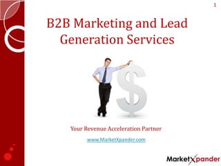 1


B2B Marketing and Lead
  Generation Services




   Your Revenue Acceleration Partner
         www.MarketXpander.com
 