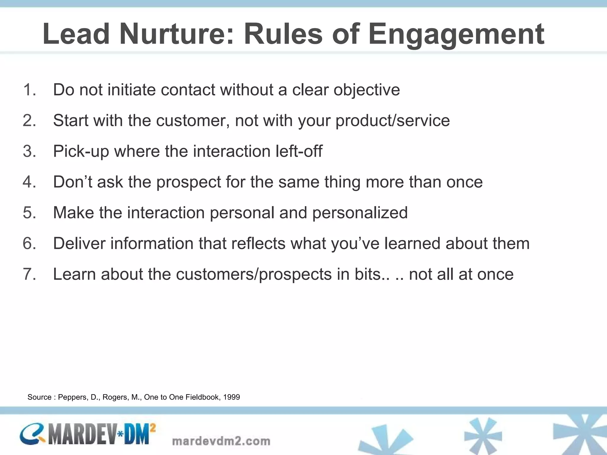 Lead Nurture: Rules of Engagement Do not initiate contact without a clear objective Start with the customer, not with your product/service Pick-up where the interaction left-off Don’t ask the prospect for the same thing more than once Make the interaction personal and personalized Deliver information that reflects what you’ve learned about them Learn about the customers/prospects in bits.. .. not all at once Source : Peppers, D., Rogers, M., One to One Fieldbook, 1999 